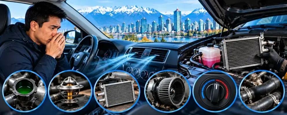 Driver experiencing poor vehicle air conditioning, with automotive cooling system components including a thermostat, radiator, and blower motor shown alongside repair tools.