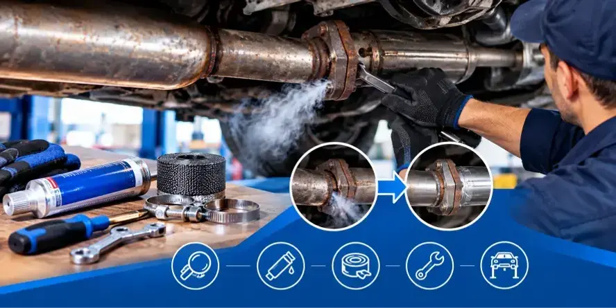 Mechanic repairing an exhaust leak under a vehicle, with a leaking exhaust flange, repair tools, sealant, clamps, and before-and-after repair details.
