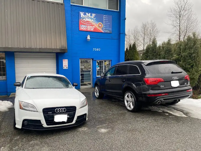 Audi TT and Audi Q7 parked outside the KMF Automotive shop in Burnaby